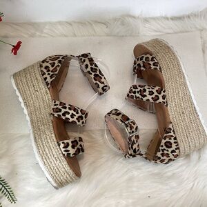AMS EMMA LEOPARD ESPADRILLE ANKLE STRAP PLATFORM SANDALS SZ 8